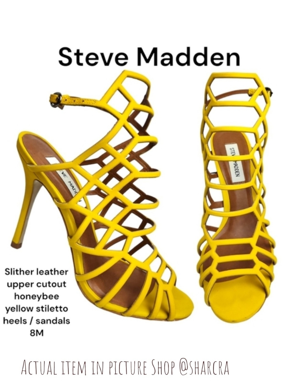Steve Madden Women Slithur Yellow Nubuck Leather Caged stiletto Heels peep toe 8